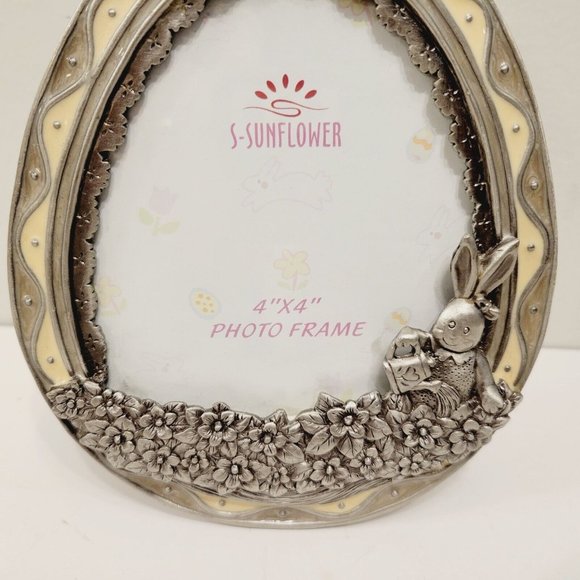 Vtg Egg Shaped S-Sunflower Cream Enamel Photo Picture Frame Bunny Rabbit Easter - Picture 3 of 4